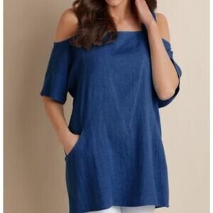 Soft Surroundings Linen Blend Cold Shoulder Blouse Top Women's Plus Size 1X Blue